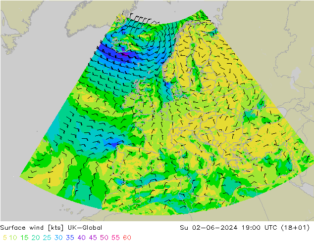 Surface wind UK-Global Ne 02.06.2024 19 UTC