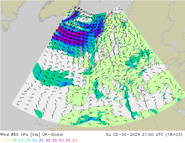 风 850 hPa UK-Global 星期日 02.06.2024 21 UTC