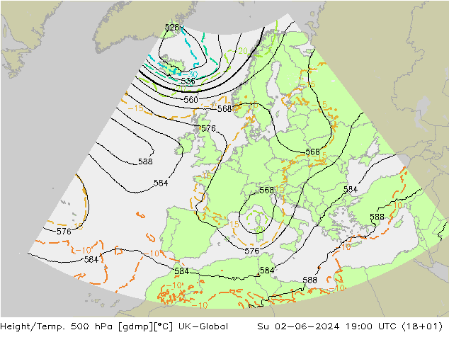 Height/Temp. 500 hPa UK-Global Su 02.06.2024 19 UTC