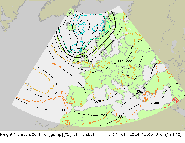 Height/Temp. 500 hPa UK-Global Tu 04.06.2024 12 UTC