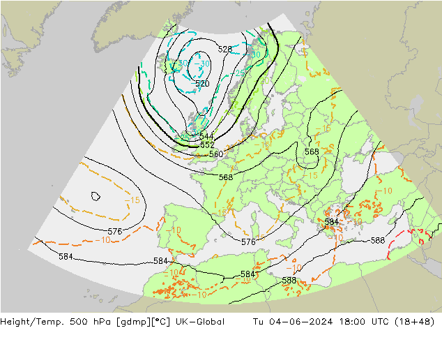 Height/Temp. 500 hPa UK-Global Di 04.06.2024 18 UTC