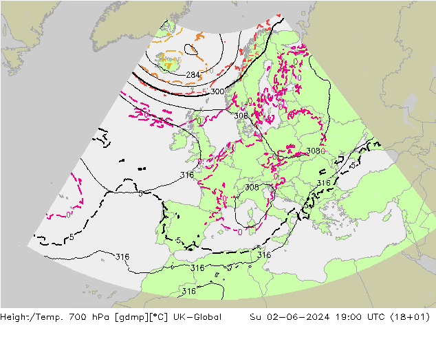 Height/Temp. 700 hPa UK-Global  02.06.2024 19 UTC
