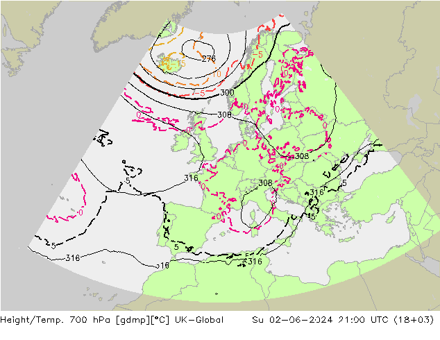 Height/Temp. 700 hPa UK-Global Su 02.06.2024 21 UTC