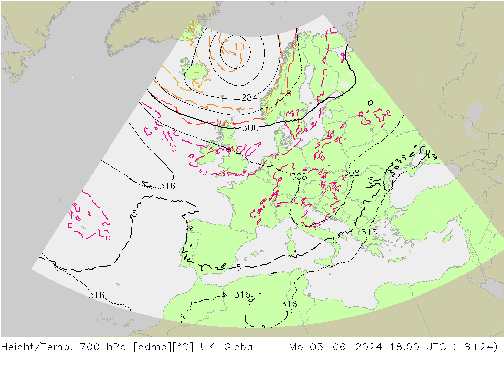 Height/Temp. 700 hPa UK-Global 星期一 03.06.2024 18 UTC