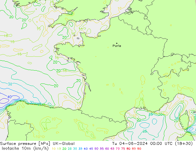 Isotachs (kph) UK-Global Út 04.06.2024 00 UTC