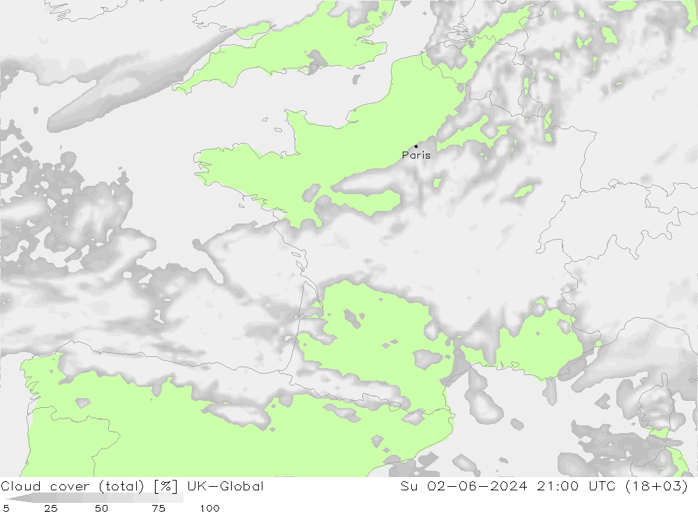Bewolking (Totaal) UK-Global zo 02.06.2024 21 UTC