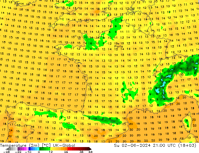 Temperature (2m) UK-Global Su 02.06.2024 21 UTC