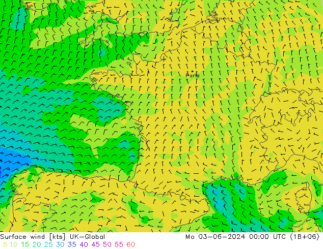 Surface wind UK-Global Mo 03.06.2024 00 UTC