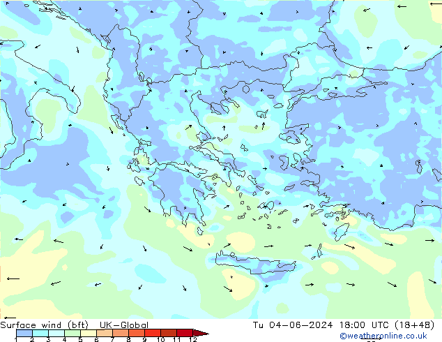 Vento 10 m (bft) UK-Global mar 04.06.2024 18 UTC
