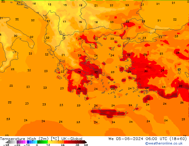 Temperature High (2m) UK-Global We 05.06.2024 06 UTC