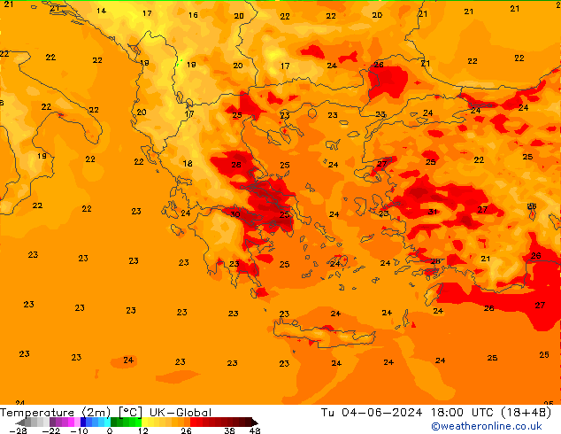 Temperatura (2m) UK-Global Ter 04.06.2024 18 UTC