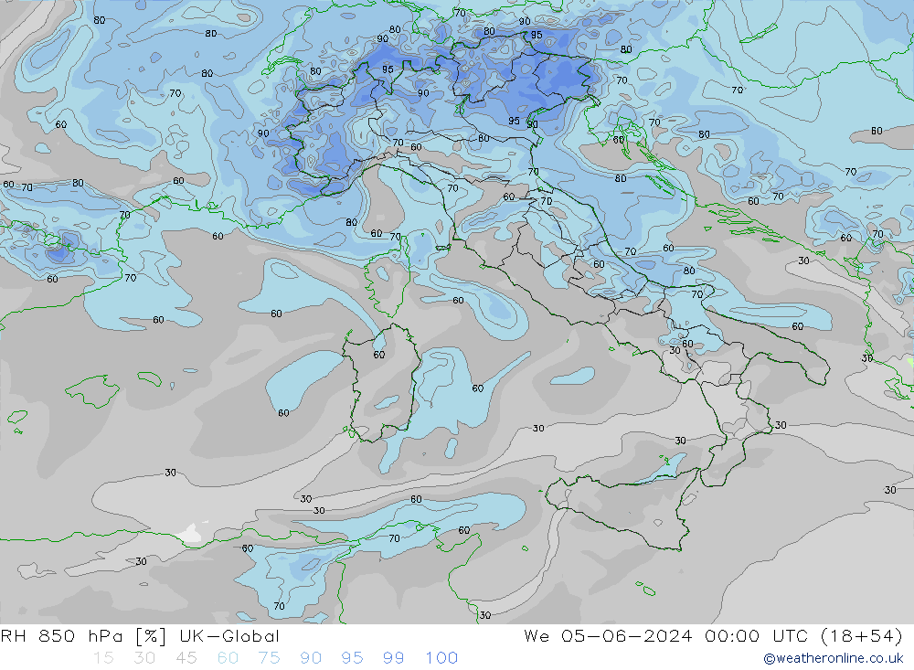 RH 850 hPa UK-Global mer 05.06.2024 00 UTC