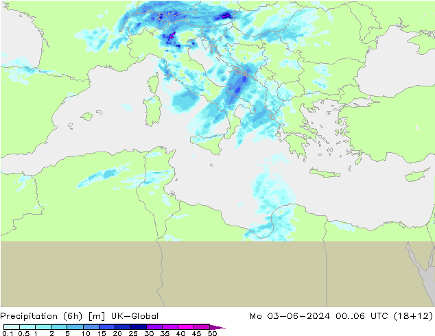Precipitation (6h) UK-Global Mo 03.06.2024 06 UTC