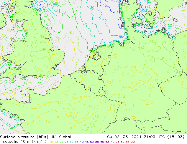 10米等风速线 (kph) UK-Global 星期日 02.06.2024 21 UTC