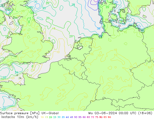 Isotachs (kph) UK-Global пн 03.06.2024 00 UTC