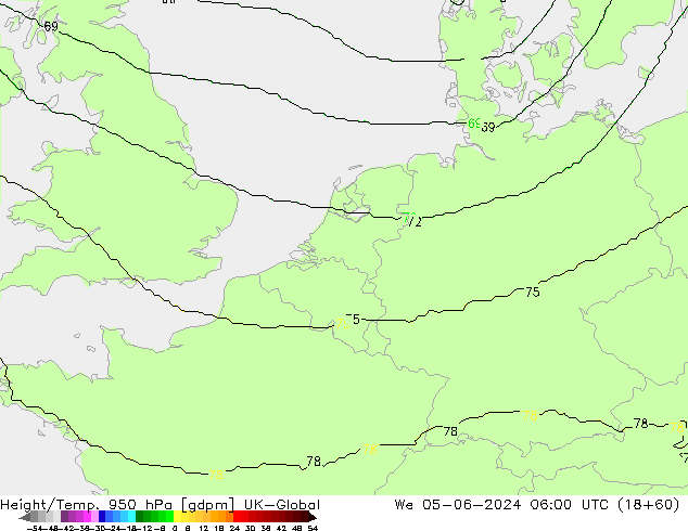 Height/Temp. 950 hPa UK-Global 星期三 05.06.2024 06 UTC