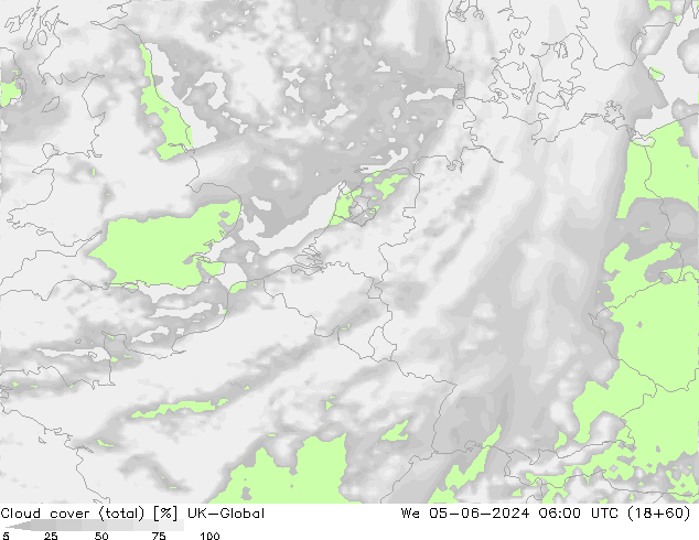 Bewolking (Totaal) UK-Global wo 05.06.2024 06 UTC