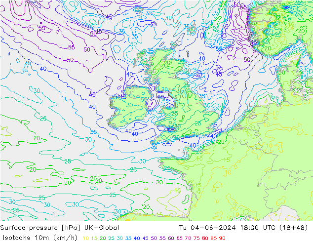 Isotachen (km/h) UK-Global di 04.06.2024 18 UTC