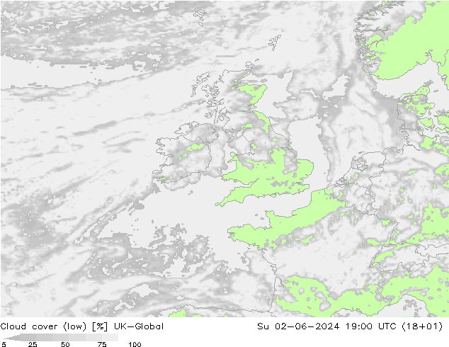 Cloud cover (low) UK-Global Su 02.06.2024 19 UTC