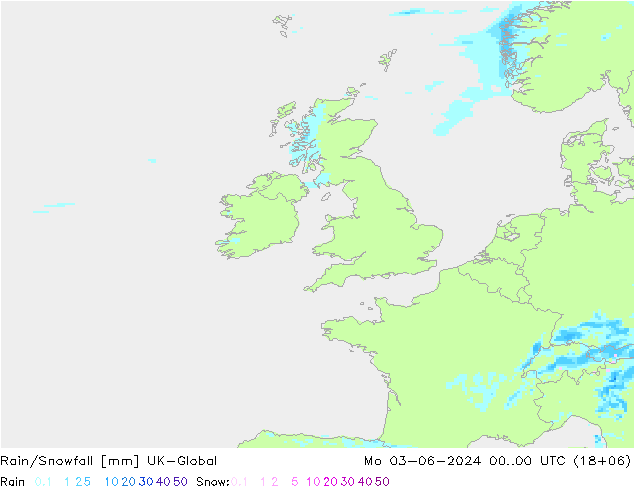 Rain/Snowfall UK-Global Pzt 03.06.2024 00 UTC