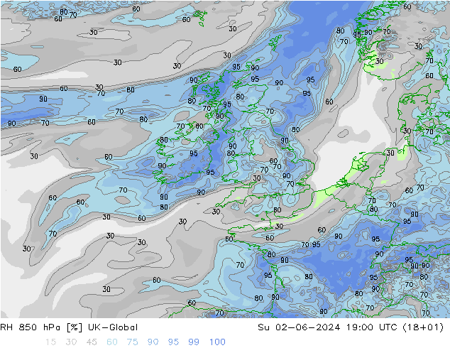 RH 850 hPa UK-Global Su 02.06.2024 19 UTC