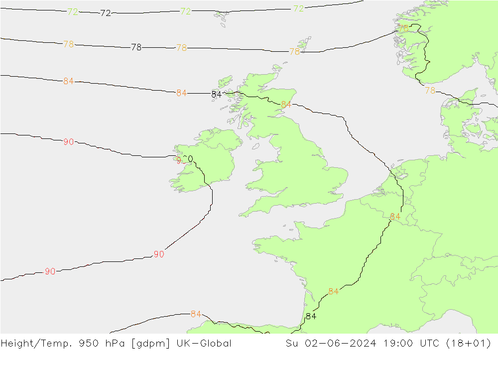 Height/Temp. 950 hPa UK-Global Dom 02.06.2024 19 UTC