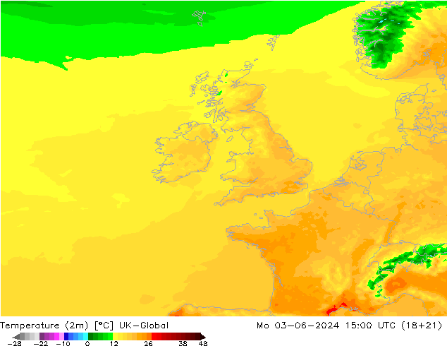 Sıcaklık Haritası (2m) UK-Global Pzt 03.06.2024 15 UTC