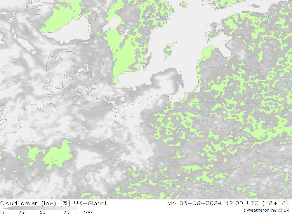 Cloud cover (low) UK-Global Mo 03.06.2024 12 UTC