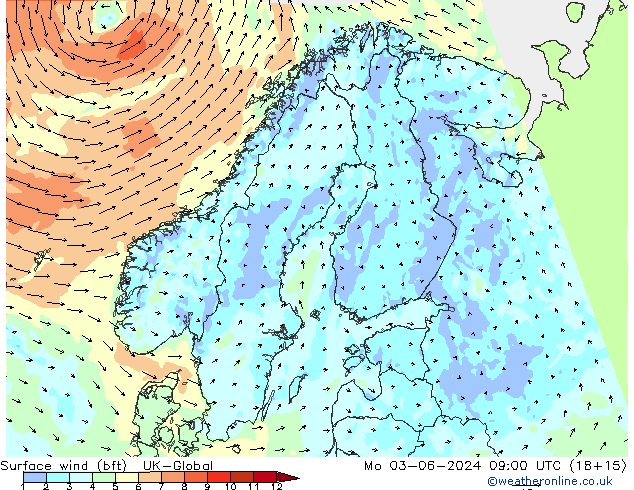 Wind 10 m (bft) UK-Global ma 03.06.2024 09 UTC