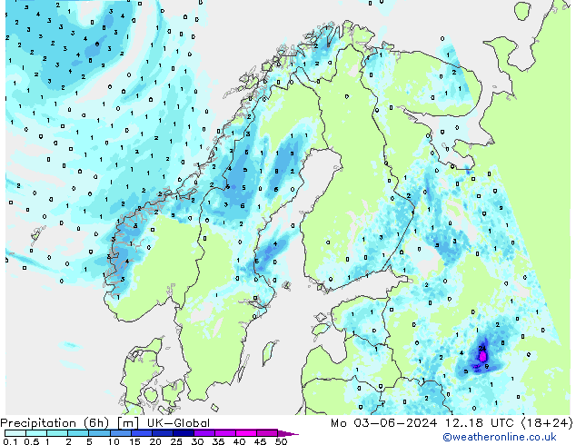 降水量 (6h) UK-Global 星期一 03.06.2024 18 UTC