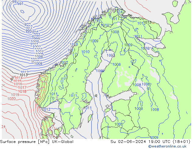 Surface pressure UK-Global Su 02.06.2024 19 UTC