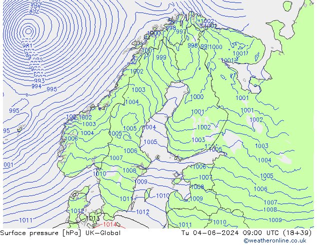Pressione al suolo UK-Global mar 04.06.2024 09 UTC