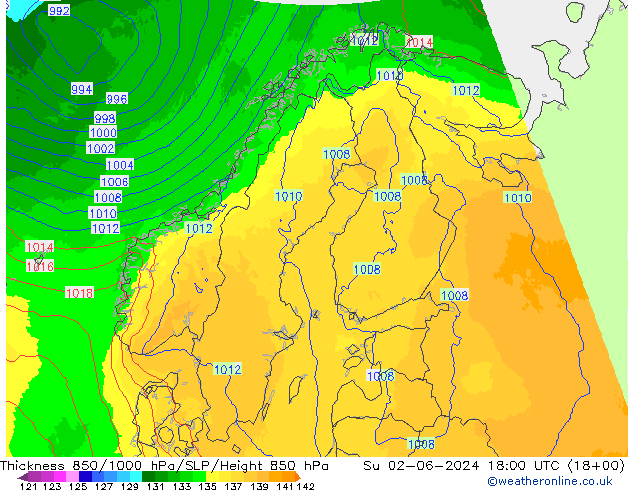 Dikte 850-1000 hPa UK-Global zo 02.06.2024 18 UTC