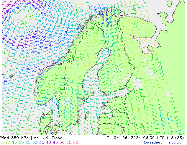 Wind 850 hPa UK-Global Tu 04.06.2024 06 UTC