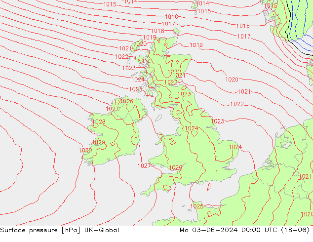 Pressione al suolo UK-Global lun 03.06.2024 00 UTC