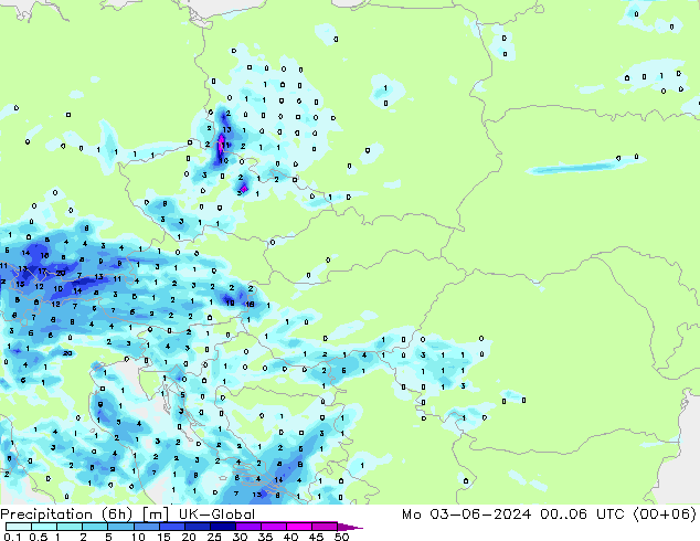 Precipitation (6h) UK-Global Po 03.06.2024 06 UTC