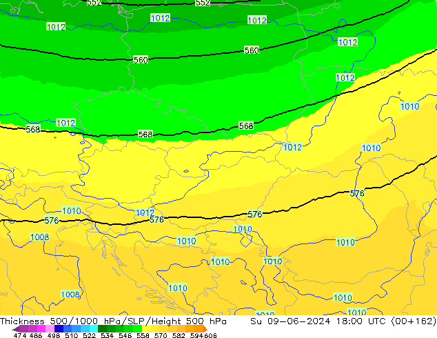 Dikte 500-1000hPa UK-Global zo 09.06.2024 18 UTC