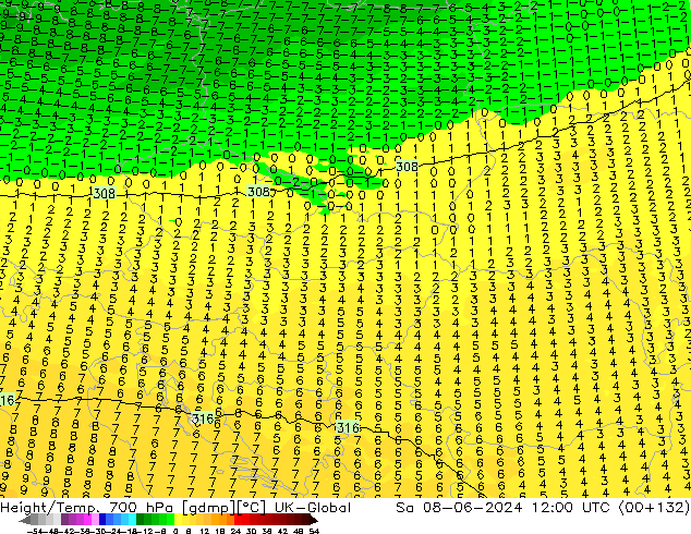 Height/Temp. 700 hPa UK-Global Sa 08.06.2024 12 UTC