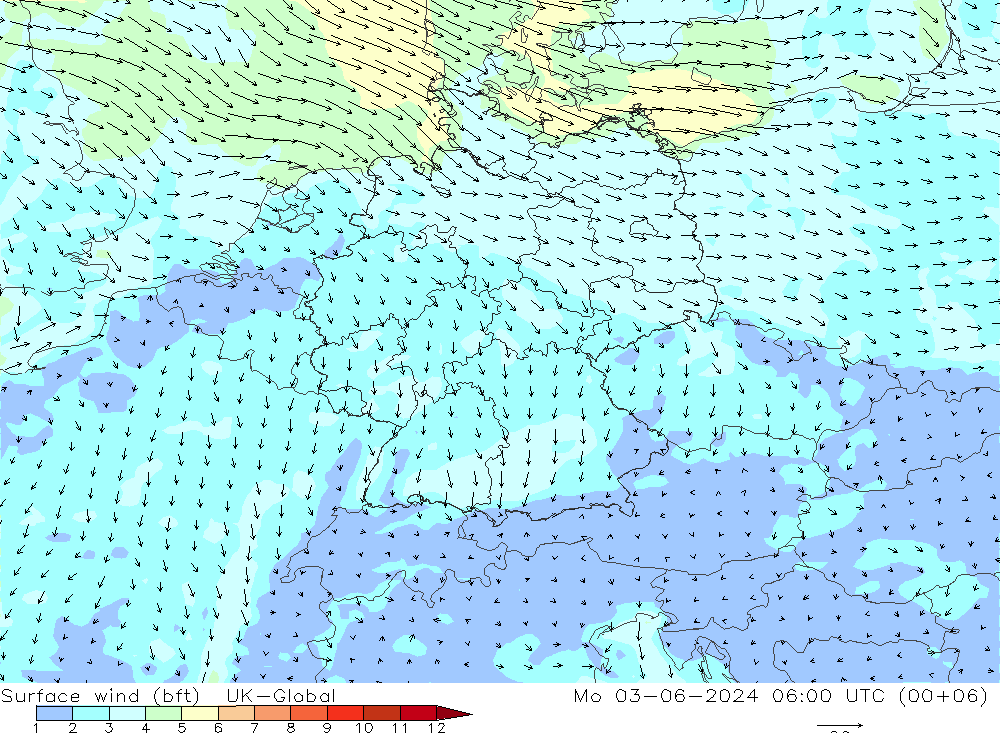 Surface wind (bft) UK-Global Mo 03.06.2024 06 UTC
