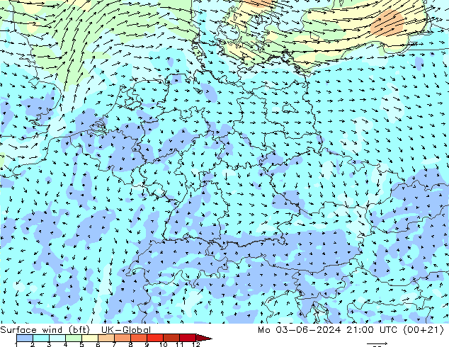 Surface wind (bft) UK-Global Mo 03.06.2024 21 UTC
