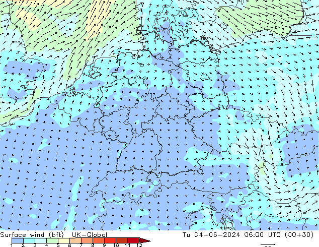 Surface wind (bft) UK-Global Út 04.06.2024 06 UTC