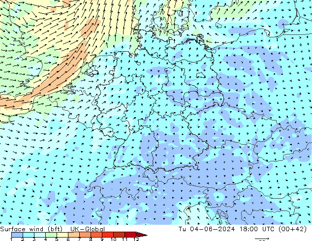 Vento 10 m (bft) UK-Global mar 04.06.2024 18 UTC