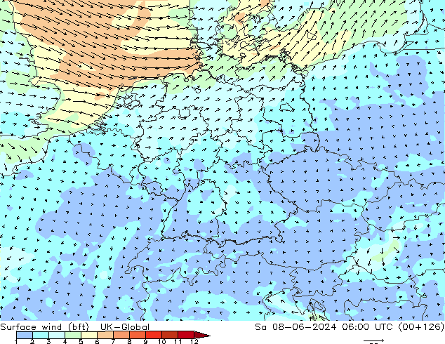 Surface wind (bft) UK-Global Sa 08.06.2024 06 UTC