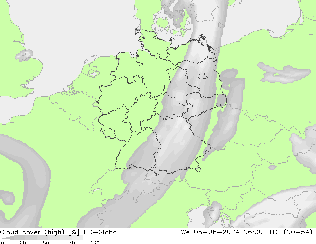 Cloud cover (high) UK-Global We 05.06.2024 06 UTC