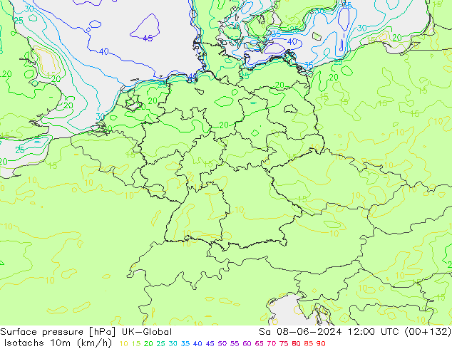 Isotaca (kph) UK-Global sáb 08.06.2024 12 UTC