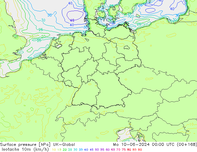 Isotachs (kph) UK-Global пн 10.06.2024 00 UTC