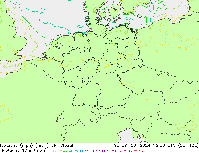 Isotachen (mph) UK-Global za 08.06.2024 12 UTC