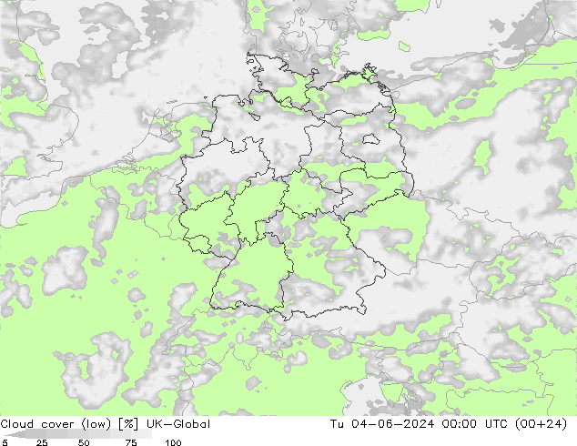 Cloud cover (low) UK-Global Tu 04.06.2024 00 UTC