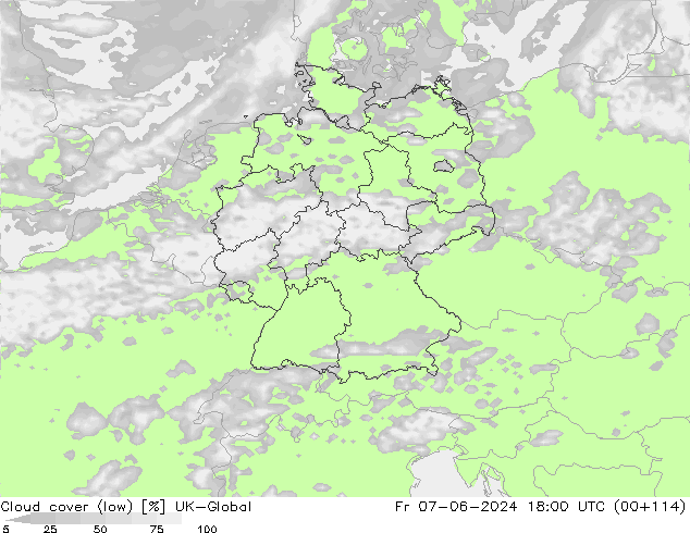 Cloud cover (low) UK-Global Fr 07.06.2024 18 UTC