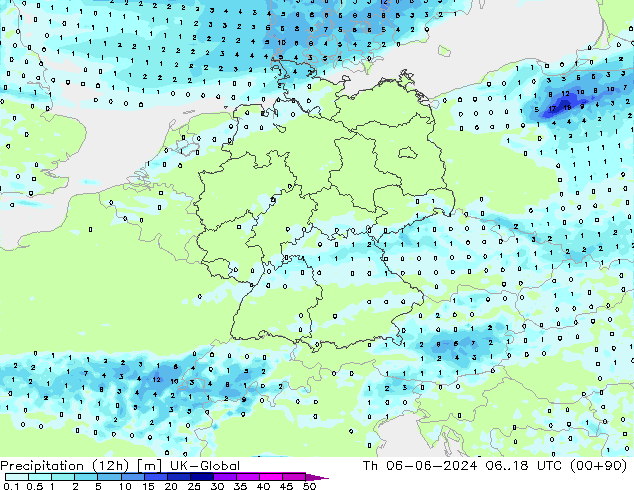 Precipitation (12h) UK-Global Th 06.06.2024 18 UTC